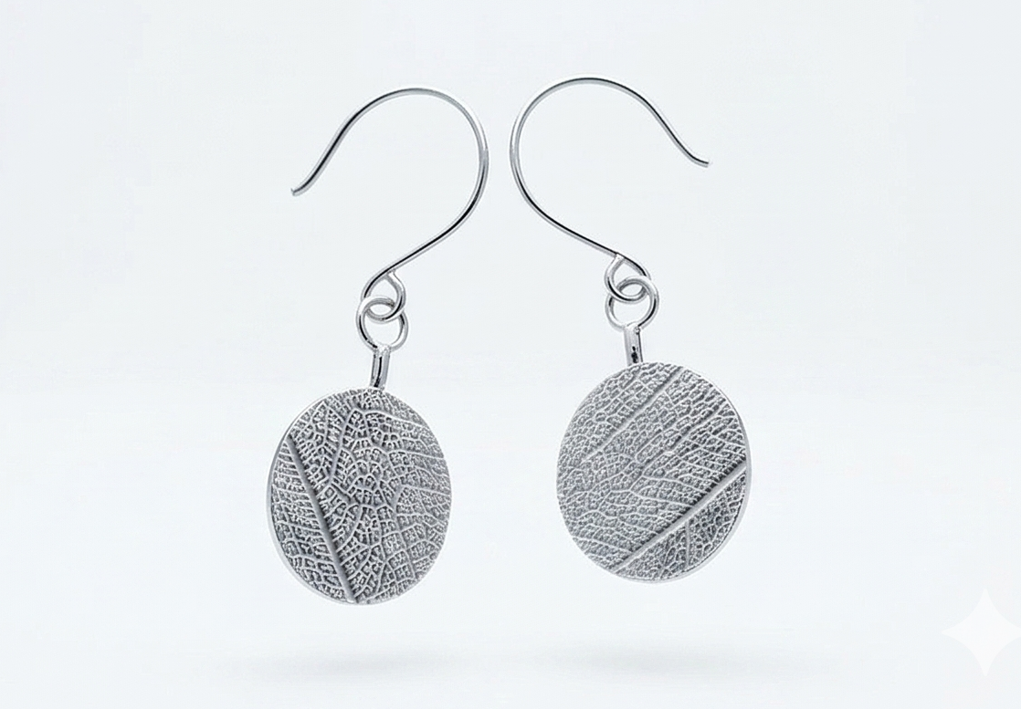 Silver Leaf Vein Drop Earrings